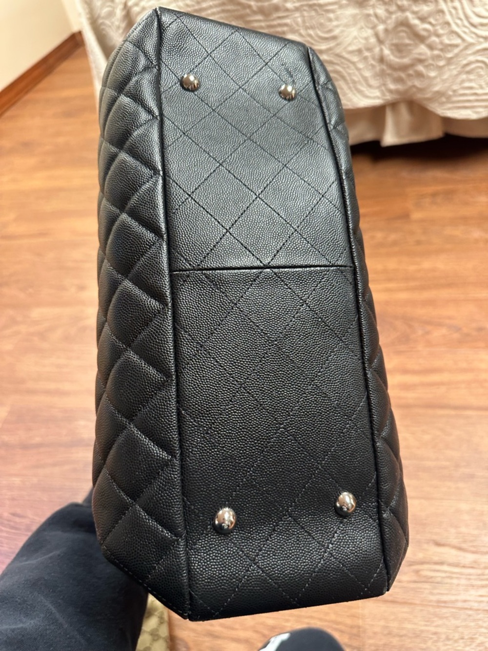 CHANEL Black Quilted Leather Tote with Silver Chain Handles - Picture 6 of 7